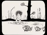 a black and white drawing of a little girl playing with fish