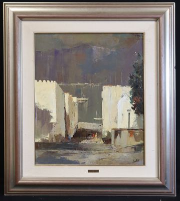 une peinture à l'huile représentant un paysage urbain avec un bâtiment blanc en arrière-plan