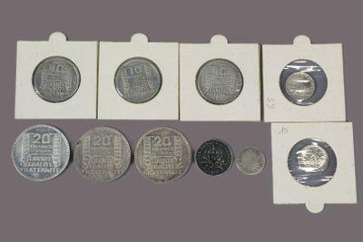 six different types of coins in a white box on a purple background