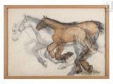 painting of two horses running in a line with one running behind them