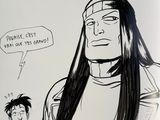 drawing of a woman with long black hair and a man with long black hair in a white shirt