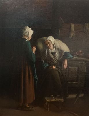tableau représentant une femme et un homme dans une pièce sombre
