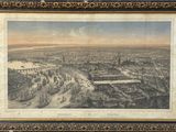 an old picture of a view of a city with a river in the foreground
