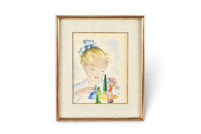 tableau représentant une petite fille assise à une table avec une bouteille de vin