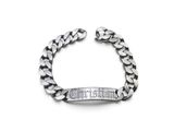 a close up of a silver bracelet with a chain on a white background