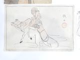 a drawing of a woman riding a horse and a drawing of a man riding a horse