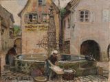 un tableau représentant un homme assis sur un banc devant une fontaine