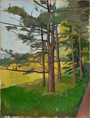 une image représentant un tableau où l'on voit des arbres et de l'herbe dans un champ