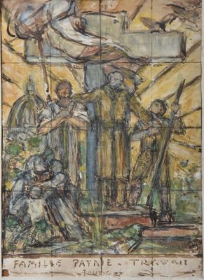 une image représentant un tableau où l'on voit un groupe de personnes devant un bâtiment