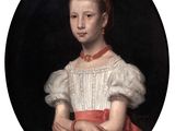 portrait of a young girl in a white dress with a red sash