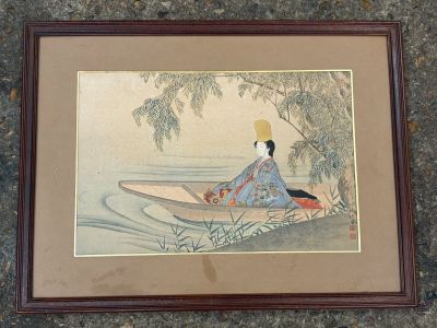 tableau représentant une femme assise dans un bateau sur l'eau