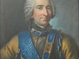 un vieux tableau représentant un homme en uniforme bleu et or