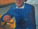painting of a man sitting in a boat with a hat on