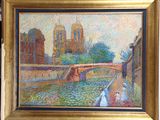 une peinture à l'huile représentant un pont au-dessus d'une rivière, sur lequel se trouvent deux personnes