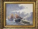 an oil painting of two boats in the water near a pier