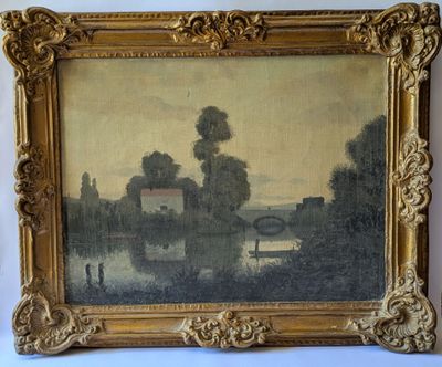 an image of a painting on a wall with a picture of a house in the background