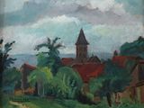 tableau représentant un village avec une église au loin et des arbres au premier plan