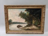 une peinture à l'huile représentant une scène de rivière avec un bateau au premier plan