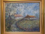 une peinture à l'huile représentant une maison dans un champ bordé d'arbres