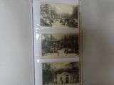 three pictures of people riding horses and carriages on the street