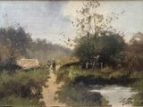 a painting of a man and a woman walking down a dirt road