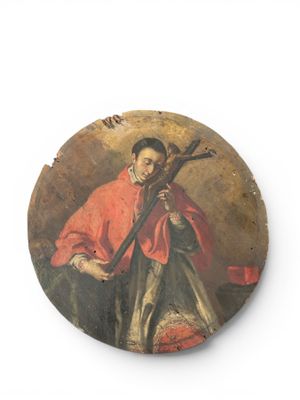 an old painting of a man holding a stick in his hand