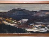 tableau représentant un paysage de montagne avec une maison au premier plan