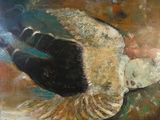 une peinture à l'huile représentant un oiseau survolant un plan d'eau