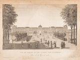 drawing of a view of a palace with a fountain in the foreground