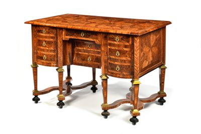 a wooden desk with two drawers on wheels on a white background