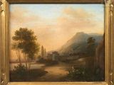 a painting of a river scene with a castle in the distance