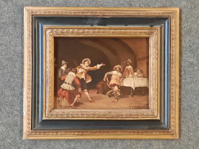 un vieux tableau représentant un groupe de personnes dansant autour d'une table