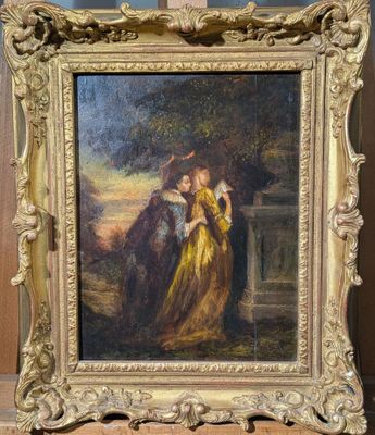 une image représentant un tableau où figurent une femme et un homme vêtu d'une robe jaune
