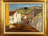 une peinture à l'huile représentant un homme à cheval dans une rue