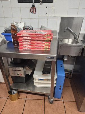 a metal table with a bunch of pizzas on it