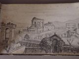 an old book with a drawing of a castle in the background
