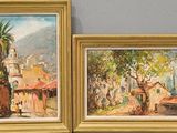 deux tableaux encadrés représentant une scène de village avec un homme et une femme