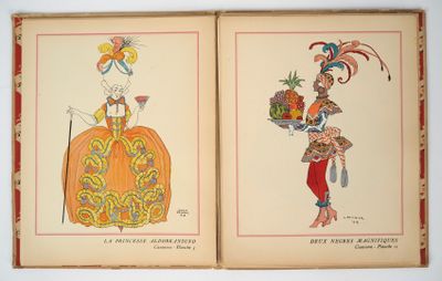 two pages of a book with illustrations of people in costumes