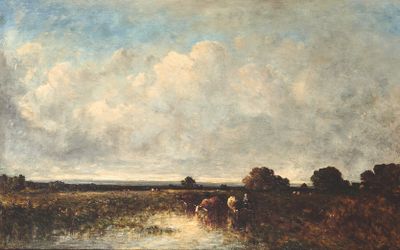 tableau représentant des vaches dans un champ au bord d'une rivière, avec le ciel en arrière-plan
