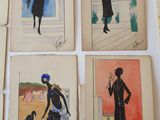 six vintage fashion illustrations of men and women in black and blue