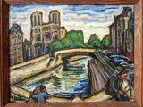an oil painting of a painting of a bridge over a river