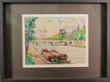 painting of a car parked on the side of a road next to a river