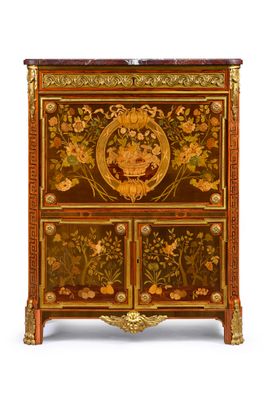 an ornately decorated chest of drawers with flowers and birds on it