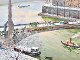 a painting of a boat on a river with a bridge in the background