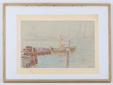 painting of a boat docked in a harbor with a few boats in the water