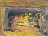 a painting of a fire place with a person sitting in it