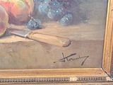 a painting of fruit and a knife on a table
