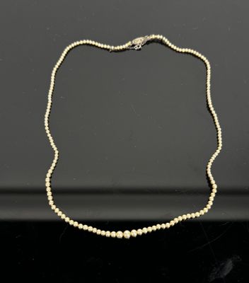 un collier de perles blanches muni d'un fermoir en or sur un fond noir