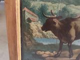 a picture of a painting of a bull in a field