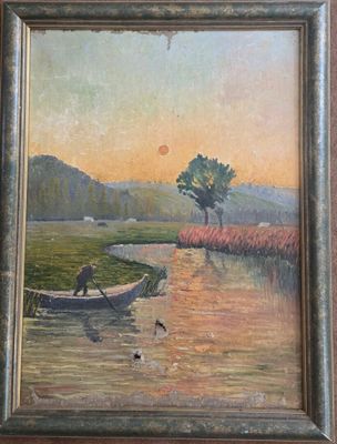 painting of a man in a boat on a lake with a sunset in the background
